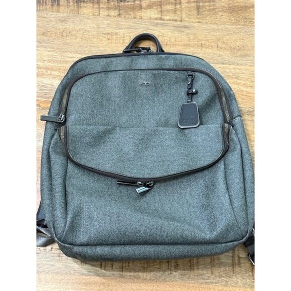 Tumi Sinclair Hanne Backpack Earl Grey Textured Canvas Leather Trim Brown Zipper - Picture 3 of 16